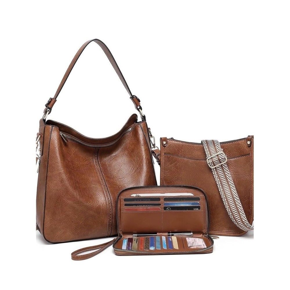 NEW 3 pc Brown Women's Tote Shoulder‎ Bag & Wallet Set